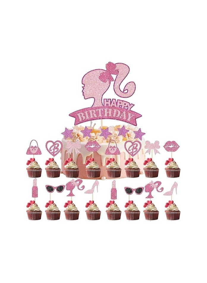Pack of 27 Barbie Cake Decoration Girls, Barbie Cake Decoration, Barbie Birthday Decoration Set, Pink Girl Cake Decoration, Glitter Decoration Birthday, for Girls Birthday Party Cake Decoration  - Image 1