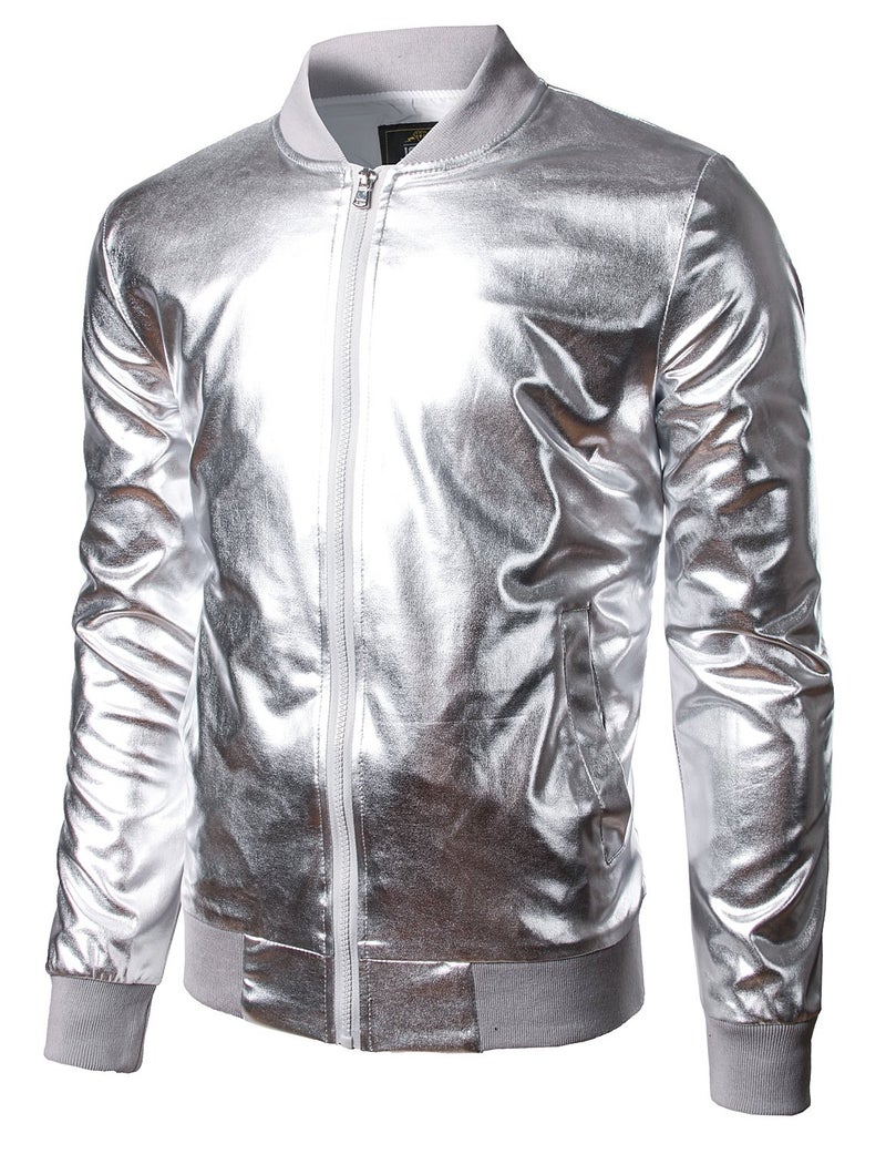 JOGAL Men's Metallic Silver Jacket Gold 70's Disco Costume Medium Silver - Image 1
