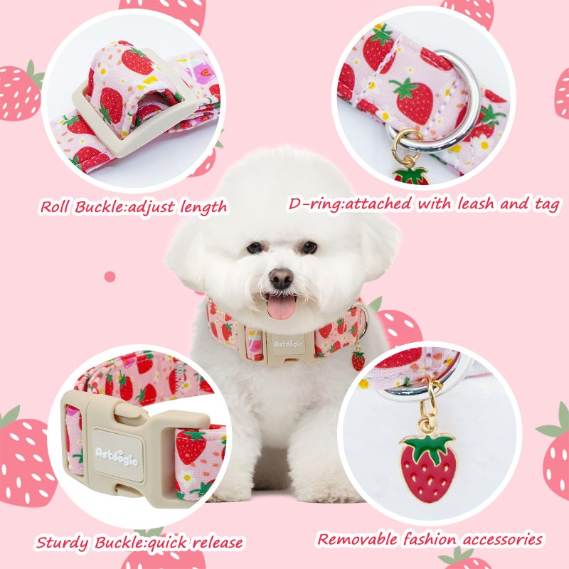 Astdogio Pink Dog Collar for Small Dogs, Cute Dog Collars Girl Puppy Collar with Strawberry Pattern, Adjustable Cotton Pink Collar Ideal, Daily Photos & Pet Fashion - Image 4