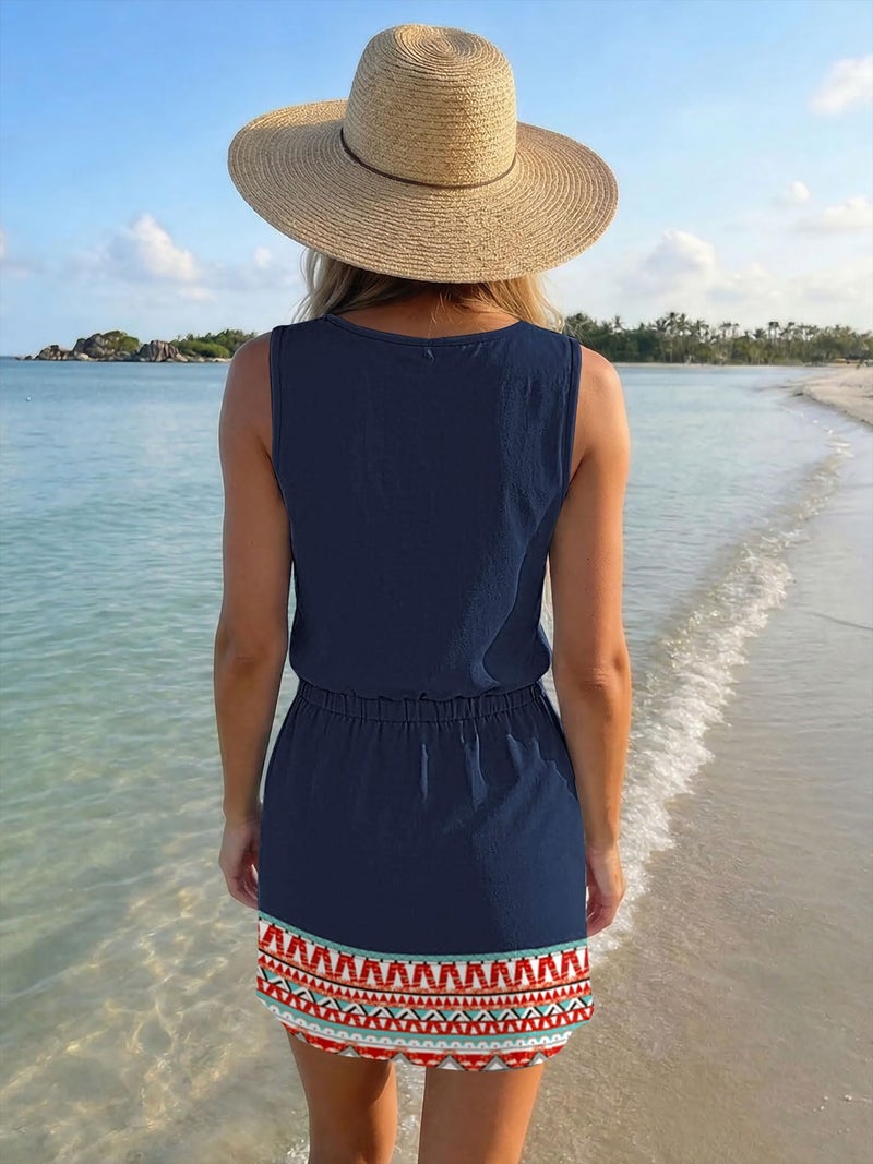 SAUKOLE Women's Summer T Shirt Swing Dress Casual Sleeveless Drawstring Waist Mini Dresses - Image 5