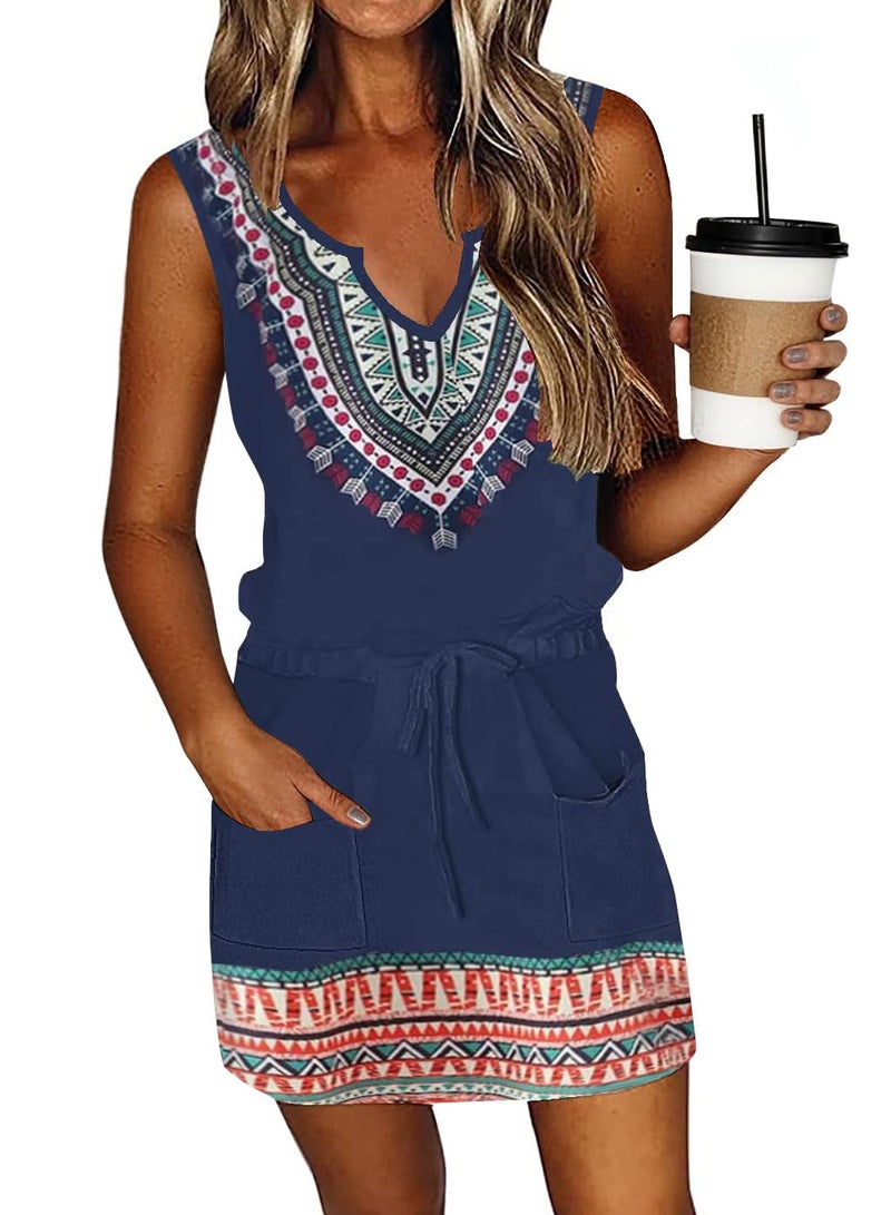 SAUKOLE Women's Summer T Shirt Swing Dress Casual Sleeveless Drawstring Waist Mini Dresses - Image 1