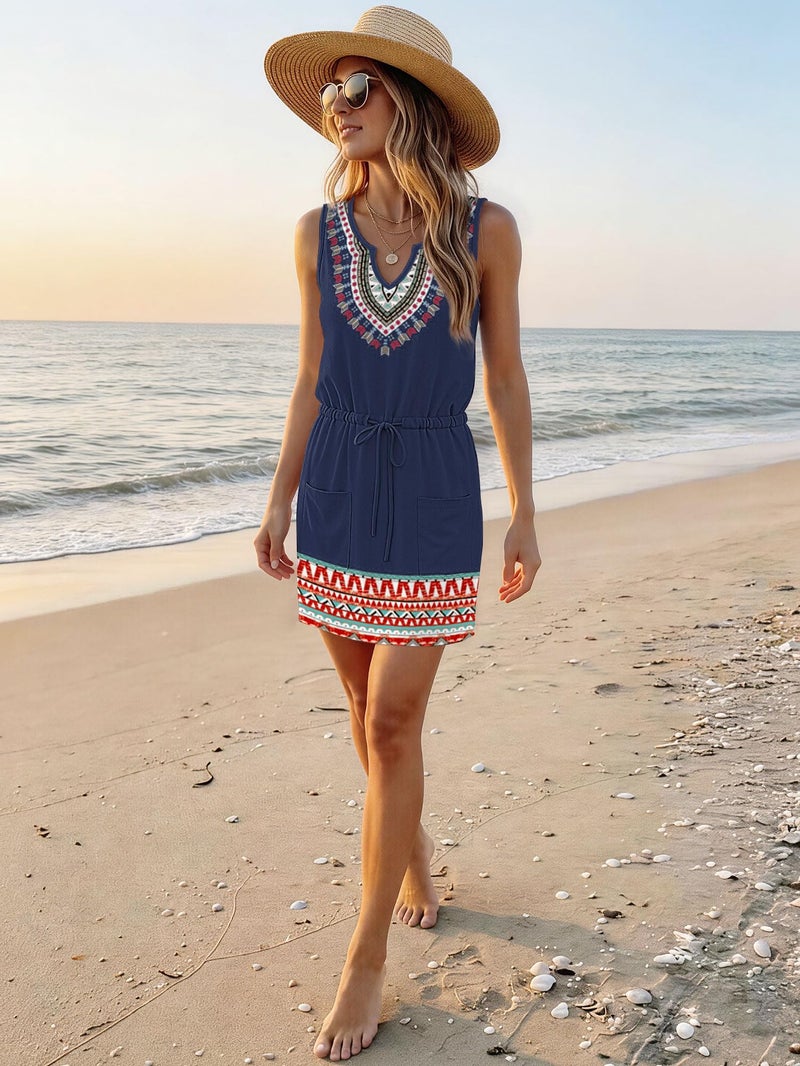 SAUKOLE Women's Summer T Shirt Swing Dress Casual Sleeveless Drawstring Waist Mini Dresses - Image 3