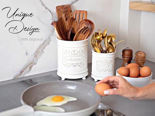 25DOL Large 7555 Elegant Ceramic Utensil Holder for Countertop Cooking Utensils Organizer for Spatula Large Utensils Crock for Kitchen Counter Kitchen Decor set of 2 White - Image 3