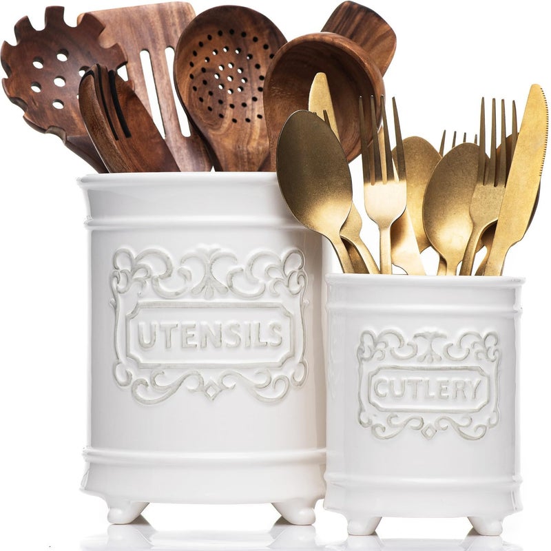 25DOL Large 7555 Elegant Ceramic Utensil Holder for Countertop Cooking Utensils Organizer for Spatula Large Utensils Crock for Kitchen Counter Kitchen Decor set of 2 White - Image 2