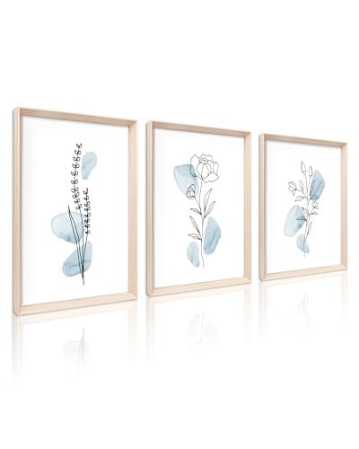 HesenDot Framed Blue Floral Canvas Wall ArtMinimalist Botanical Wall Art Decor12x16IN Wood High Framed PrintsBoho Flowers Artworks Prints Posters for Living RoomKitchenBedroom Set of 3