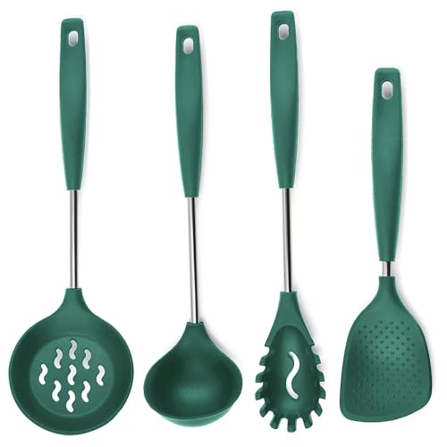 WOODTULA Silicone Noodle Spatula Rice Scooper Skimmer Spoon for Frying Poori Strainer Pasta Server Rice Serving Spoons Ladles for Cooking Karandi for Cooking Deep Fry Strainer (Set of 4, Green) - Image 1