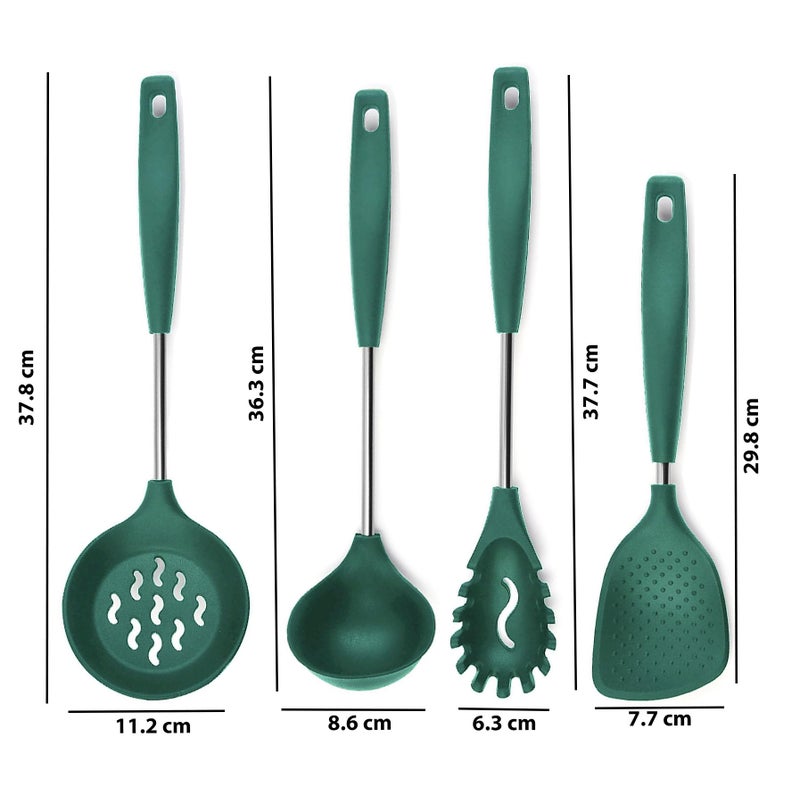 WOODTULA Silicone Noodle Spatula Rice Scooper Skimmer Spoon for Frying Poori Strainer Pasta Server Rice Serving Spoons Ladles for Cooking Karandi for Cooking Deep Fry Strainer (Set of 4, Green) - Image 2