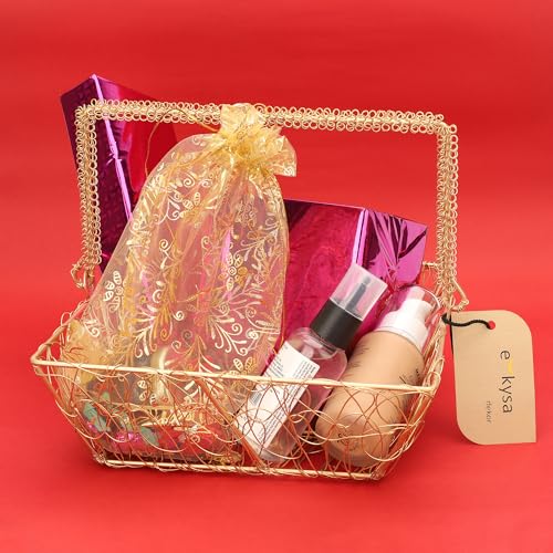 ekysa dekor metal mesh wire multipurpose hamper Fancy round Basket/Tray/Platter with wire handles for Packing, Gifting, Decoration - Golden (8 * 7 * 3 inches) - Image 4