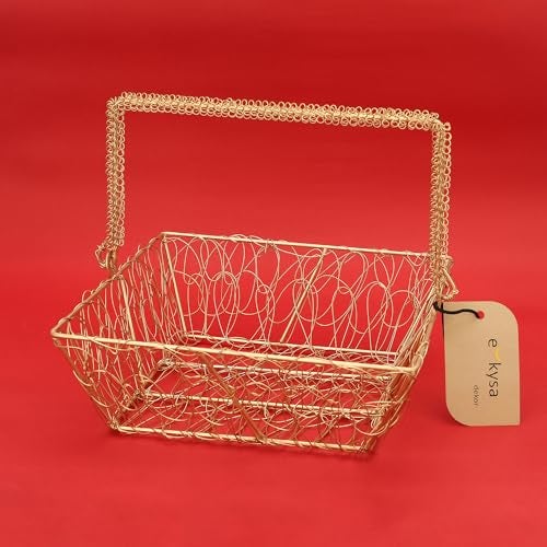 ekysa dekor metal mesh wire multipurpose hamper Fancy round Basket/Tray/Platter with wire handles for Packing, Gifting, Decoration - Golden (8 * 7 * 3 inches) - Image 3