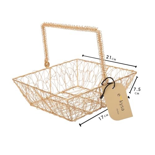 ekysa dekor metal mesh wire multipurpose hamper Fancy round Basket/Tray/Platter with wire handles for Packing, Gifting, Decoration - Golden (8 * 7 * 3 inches) - Image 2