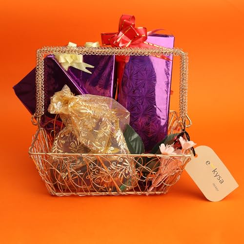 ekysa dekor metal mesh wire multipurpose hamper Fancy round Basket/Tray/Platter with wire handles for Packing, Gifting, Decoration - Golden (8 * 7 * 3 inches) - Image 1
