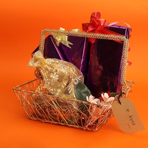 ekysa dekor metal mesh wire multipurpose hamper Fancy round Basket/Tray/Platter with wire handles for Packing, Gifting, Decoration - Golden (8 * 7 * 3 inches) - Image 5