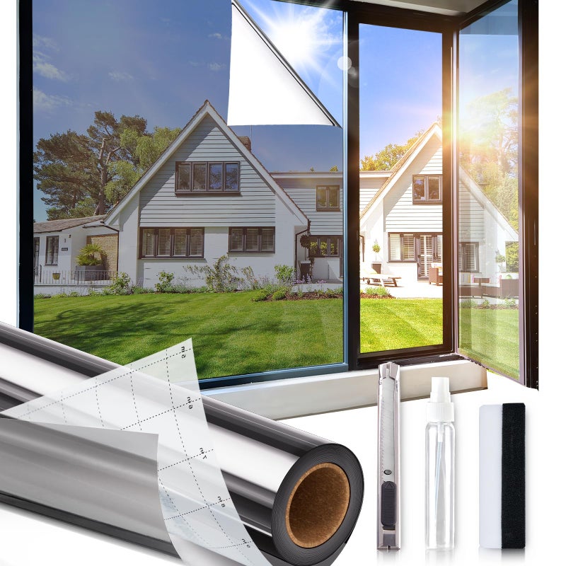 Windimiley One Way Privacy Window Film,Sun Blocking Window Film with 3 Tools, Heat & UV Blocking Window Tint Film for Home, Easy Install DIY Office Window Covering See Out Not in (17.5 x 78.7 Inch,Silver) - Image 1