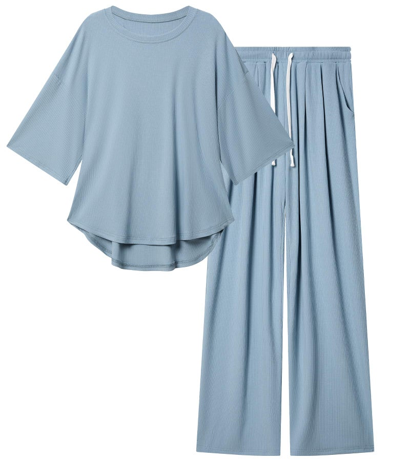 difficort Womens 2 Piece Outfits Batwing Short Sleeve Lounge Sets Wide Leg Sets Lounge with Pockets,Haze Blue,X-Large - Image 1