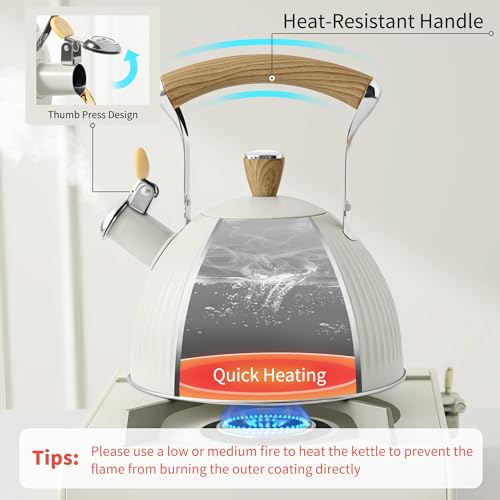 LONFFERY Tea Kettle for Stove Top, 2.5 Quart Whistling Tea Kettle, Stainless Steel and Wood Pattern Folding Handle, Creamy White - Image 3