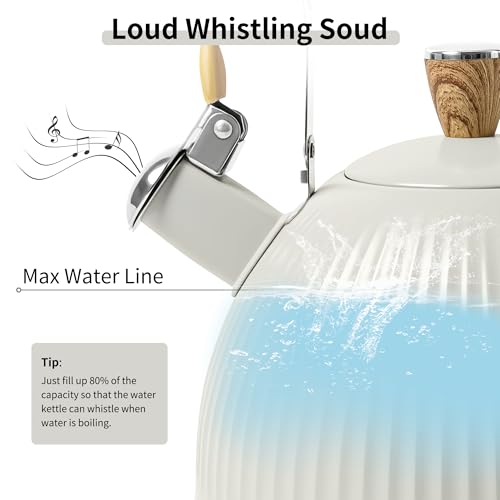 LONFFERY Tea Kettle for Stove Top, 2.5 Quart Whistling Tea Kettle, Stainless Steel and Wood Pattern Folding Handle, Creamy White - Image 2