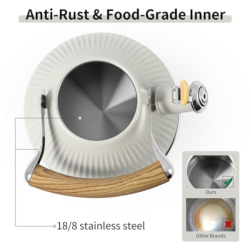 LONFFERY Tea Kettle for Stove Top, 2.5 Quart Whistling Tea Kettle, Stainless Steel and Wood Pattern Folding Handle, Creamy White - Image 4