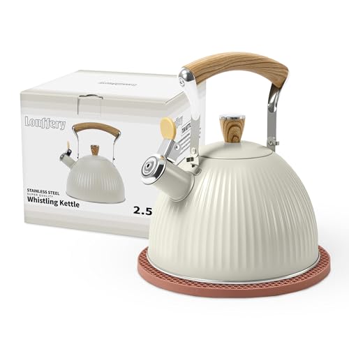 LONFFERY Tea Kettle for Stove Top, 2.5 Quart Whistling Tea Kettle, Stainless Steel and Wood Pattern Folding Handle, Creamy White - Image 1