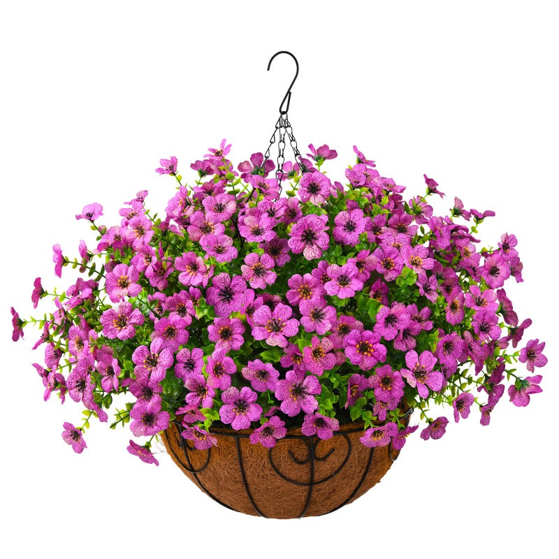 ZFProcess Artificial Faux Hanging Plants Flowers Basket Outdoor Porch Garden Spring Summer Decoration Fake Silk Daisy in Planter Realistic UV Resistant for Outside Home Patio Balcony YardPurple