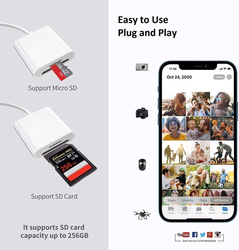 esbeecables Sd Card Reader for iPhone iPad Camera,[Apple MFi Certified] Dual Slot Lightning to SD/TF Card Camera Memory Card Reader Adapter for iPhone 14/13/12/11/X/XS/XR/8/7 iPad,Quickly Transfer Photos Videos - Image 5