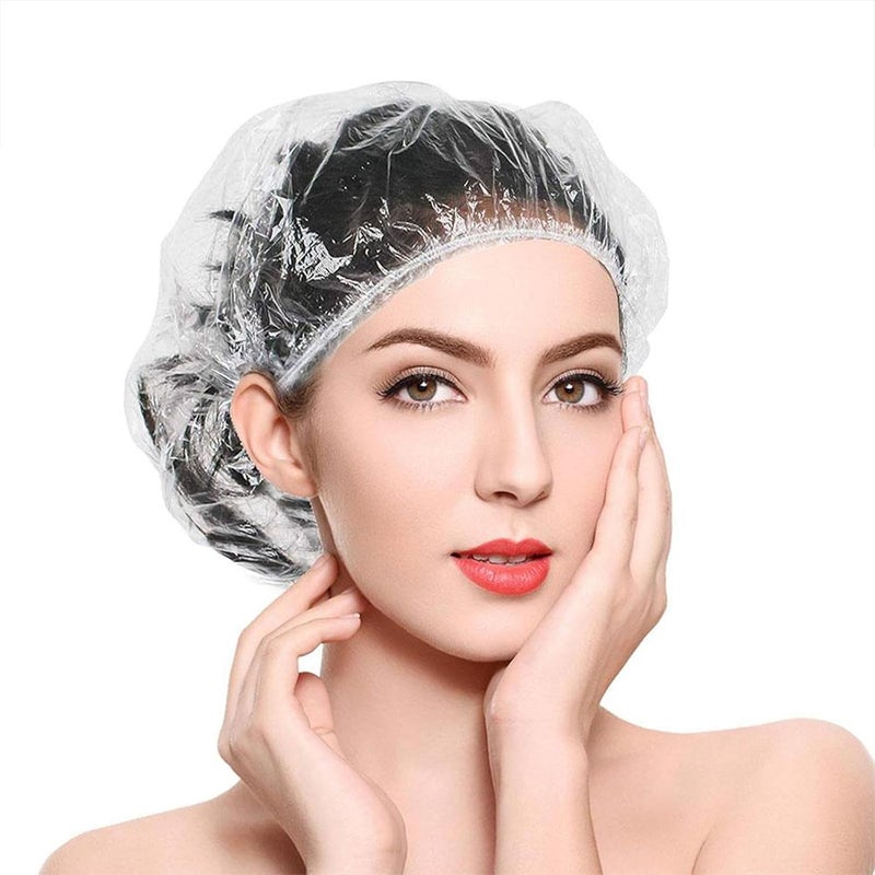 100PCS Disposable Shower Caps Bath Caps Large Thick Clear Waterproof Hair Bath Caps Plastic Elastic Bath Cap Women and Men Hair Cap for Salon Spa Travel Home Use Hotel Shower