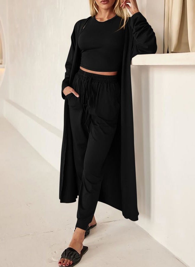 KIRUNDO 3 Piece Lounge Sets for Women Airplane Travel Outfits Casual Cardigan Sleeveless Top Pants Sets Matching Clothing, Black, M - Image 4