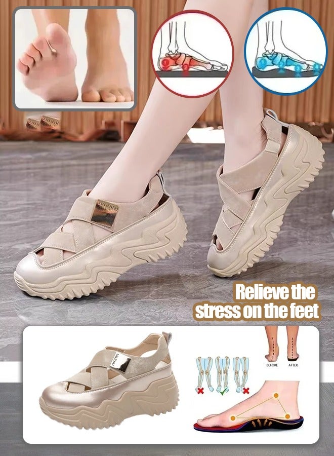 Summer's high-rise platform genuine leather sandals with ventilation and lightness, perfect for casual wear, featuring a closed-toe design that exudes fashion charm. - Image 1