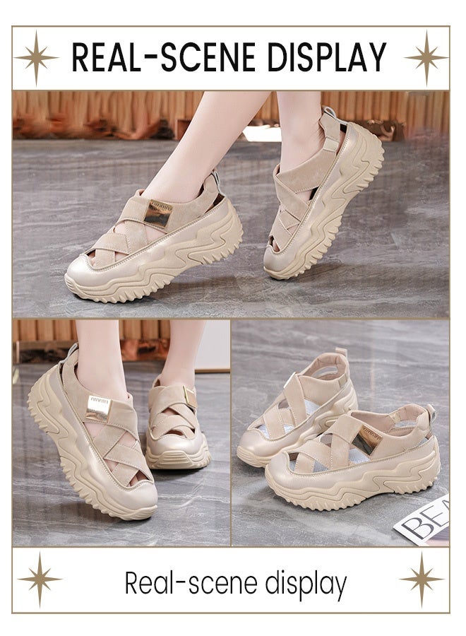 Summer's high-rise platform genuine leather sandals with ventilation and lightness, perfect for casual wear, featuring a closed-toe design that exudes fashion charm. - Image 5