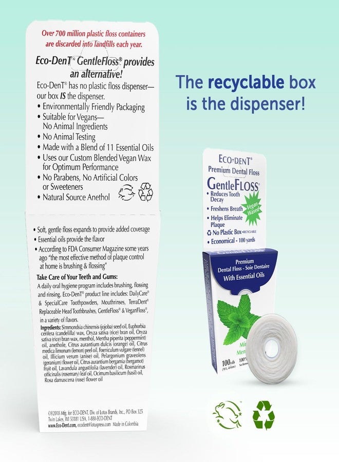 Eco-Dent GentleFloss Dental Floss, Waxed, Mint - Floss with Vegan Plant-Based Wax, Recyclable Cardboard Packaging, 100 Yds Ea (Pack of 2 - Image 2