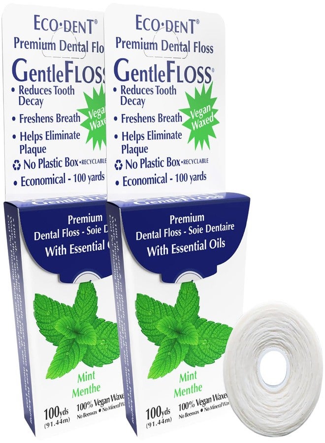 Eco-Dent GentleFloss Dental Floss, Waxed, Mint - Floss with Vegan Plant-Based Wax, Recyclable Cardboard Packaging, 100 Yds Ea (Pack of 2 - Image 1