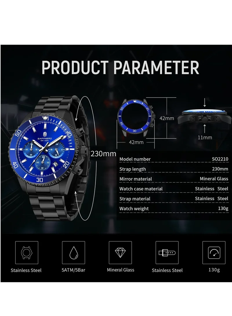 Sapphero 200 g SAPPHERO Mens Watches Analog Quartz Chronograph Stainless Steel Watches for Men 50M Waterproof Men's Wrist Watches with Calendar Luxury Business Work Casual Watch Elegant Gifts for Men for Men | Best Price UAE