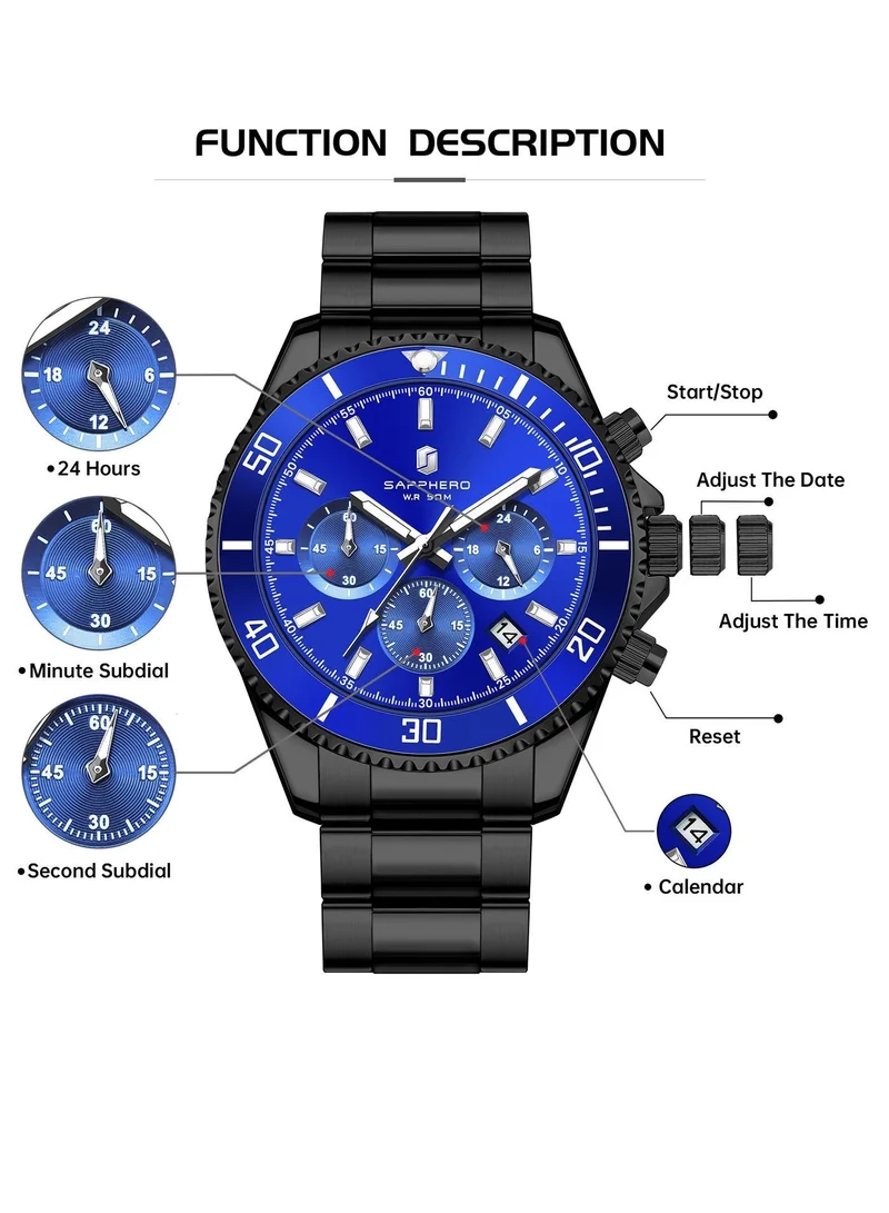 Sapphero 200 g SAPPHERO Mens Watches Analog Quartz Chronograph Stainless Steel Watches for Men 50M Waterproof Men's Wrist Watches with Calendar Luxury Business Work Casual Watch Elegant Gifts for Men for Men | Best Price UAE