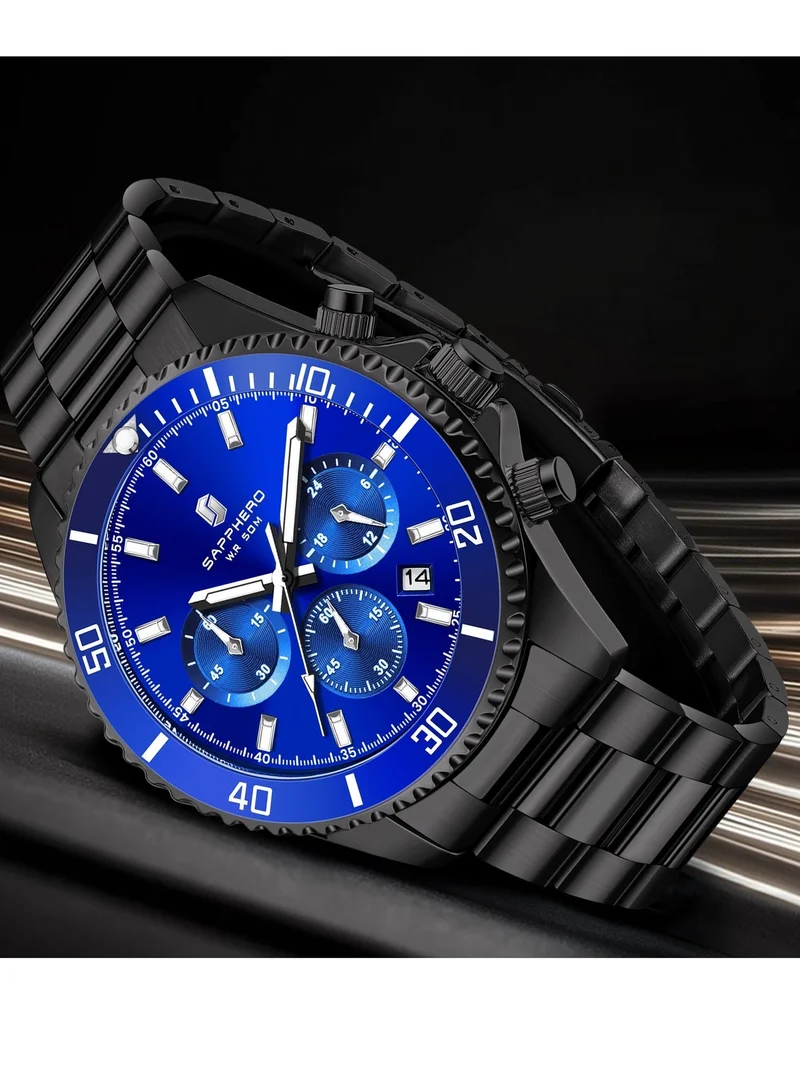 Sapphero 200 g SAPPHERO Mens Watches Analog Quartz Chronograph Stainless Steel Watches for Men 50M Waterproof Men's Wrist Watches with Calendar Luxury Business Work Casual Watch Elegant Gifts for Men for Men | Best Price UAE