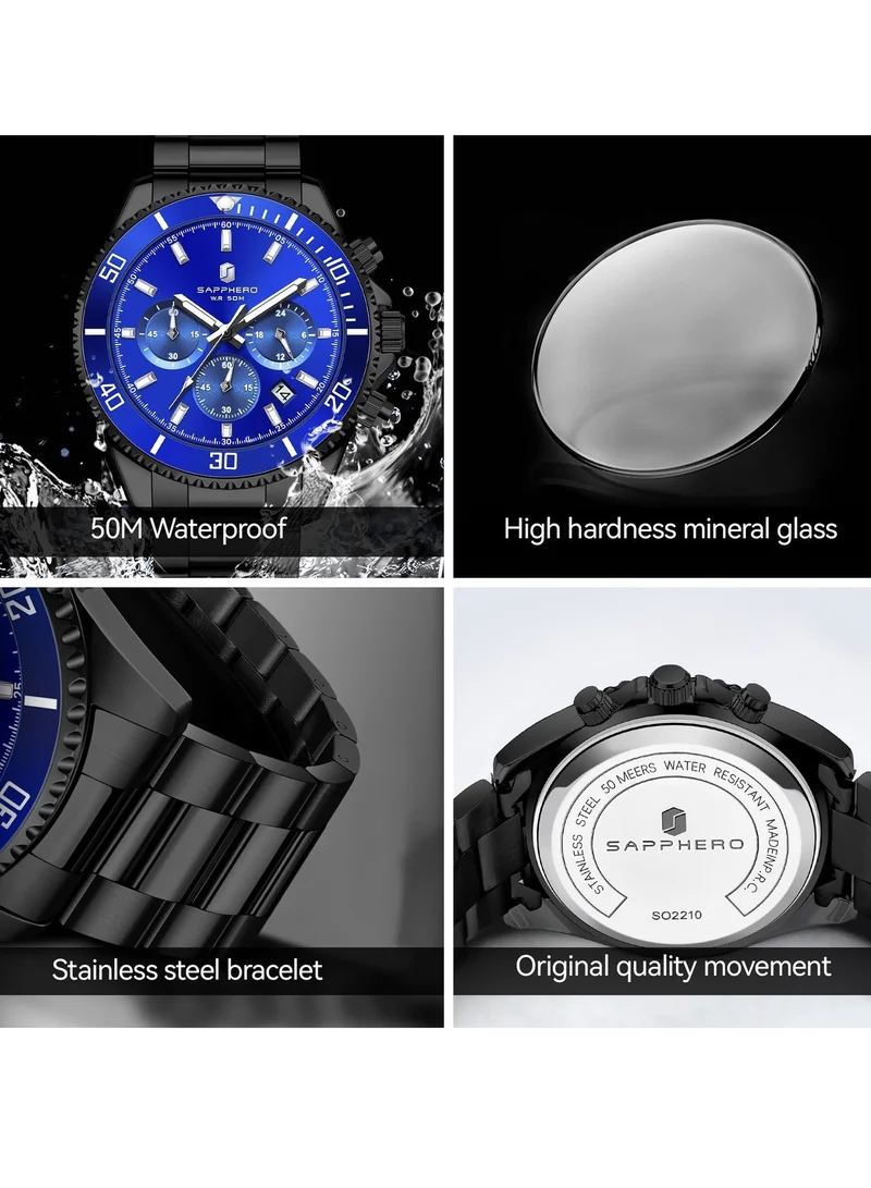 Sapphero 200 g SAPPHERO Mens Watches Analog Quartz Chronograph Stainless Steel Watches for Men 50M Waterproof Men's Wrist Watches with Calendar Luxury Business Work Casual Watch Elegant Gifts for Men for Men | Best Price UAE