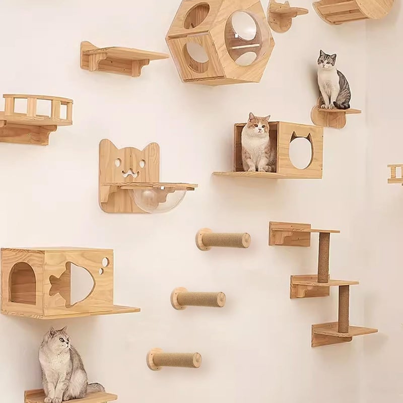 Vespearl Cat Wall Mounted Shelf Furniture,Cat Climbing Shelves,with Jute Scratching for Indoor Cats Four Steps Stairs,Heavy Duty Wooden Cats Perch Platform (Big-Left to Right) - Image 3