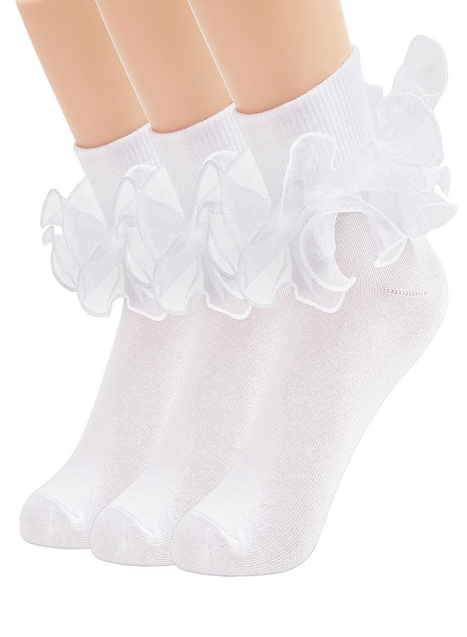 Komorebi Big Ruffle Ankle Socks Women-Lace Frilly Cute Socks-Soft Cotton Girls Sock White,3 Pack One Size - Image 1