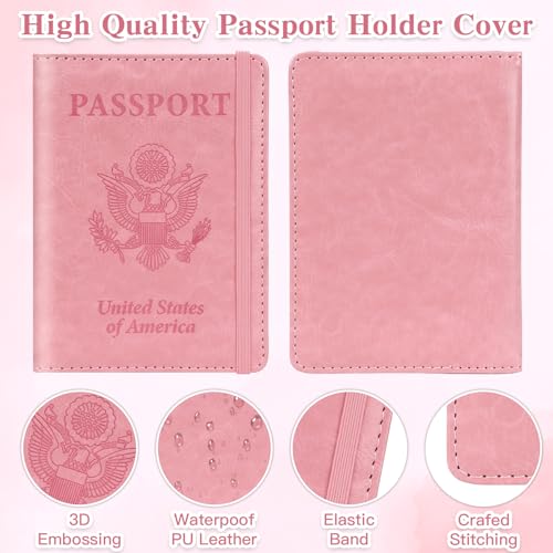 RHOttbiy Passport Holder for Travel, RFID Blocking Passport Cover with Pen Holder Leather Passport Wallet Case Travel Must Haves Accessories Passport Book Card Holder for Family Travel Essentials Gifts, Pink - Image 4