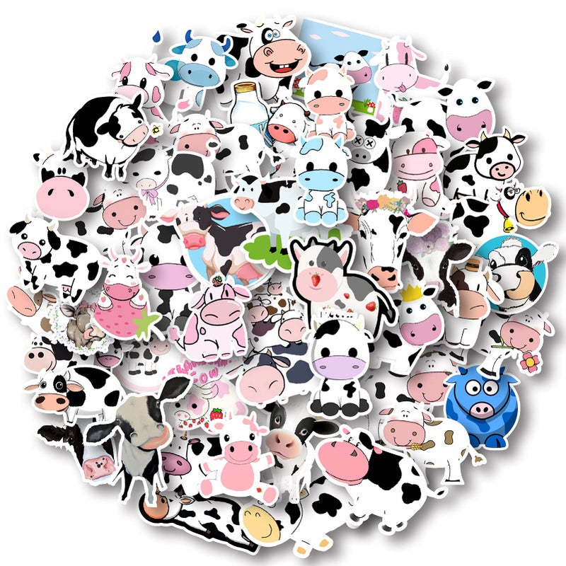 Aowplc 50 Pcs Cow Stickers Pack Vinyl Waterproof Cute Cartoon Animal Sticker for Kids