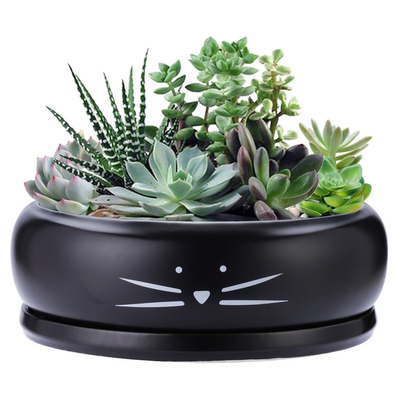 Koolkatkoo 8 Inch Cat Ceramic Succulent Planter Pot with Drainage Hole and Tray Flower Pot for Indoor and Outdoor Plants Round Shallow Planter Gifts for Cat Lovers Black - Image 1