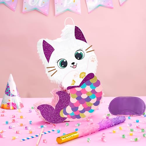 WERNNSAI Cat Piata Kitten Mermaid Birthday Party Decorations Kids Mermaid Piata with Blindfold and Bat for Girls Summer Under the Sea Birthday Party Supplies Game Set - Image 5