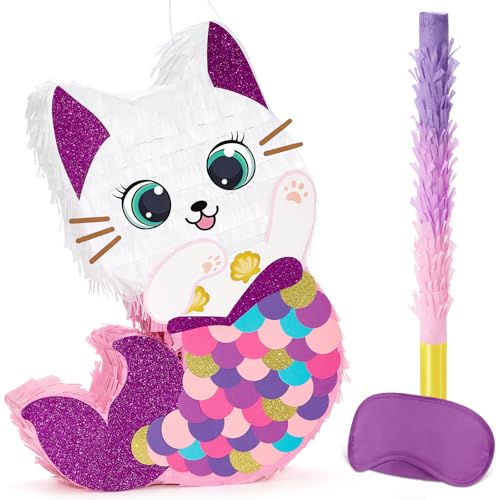 WERNNSAI Cat Piata Kitten Mermaid Birthday Party Decorations Kids Mermaid Piata with Blindfold and Bat for Girls Summer Under the Sea Birthday Party Supplies Game Set - Image 1