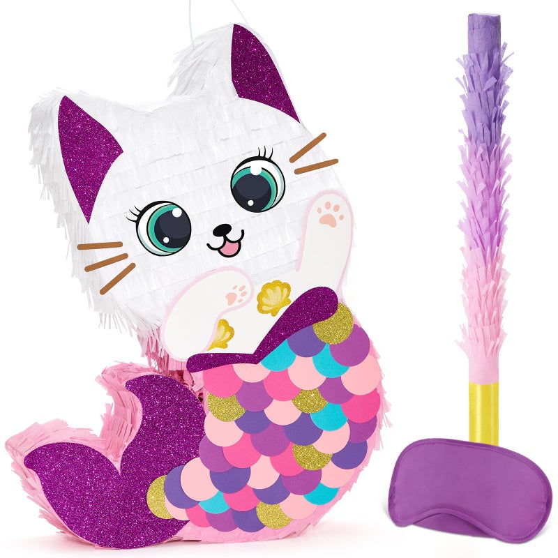 WERNNSAI Cat Piata Kitten Mermaid Birthday Party Decorations Kids Mermaid Piata with Blindfold and Bat for Girls Summer Under the Sea Birthday Party Supplies Game Set - Image 3