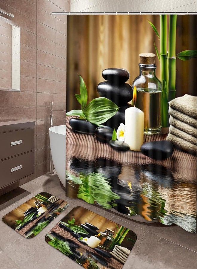 ArtSocket مجموعة حمام خضراء من آرت سوكيت مع ستارة دش وسجاد وإكسسوارات، مجموعة ستارة دش بزيت سبا من أحجار البامبو، ديكور حمام حديث زين 3 قطع - Image 1