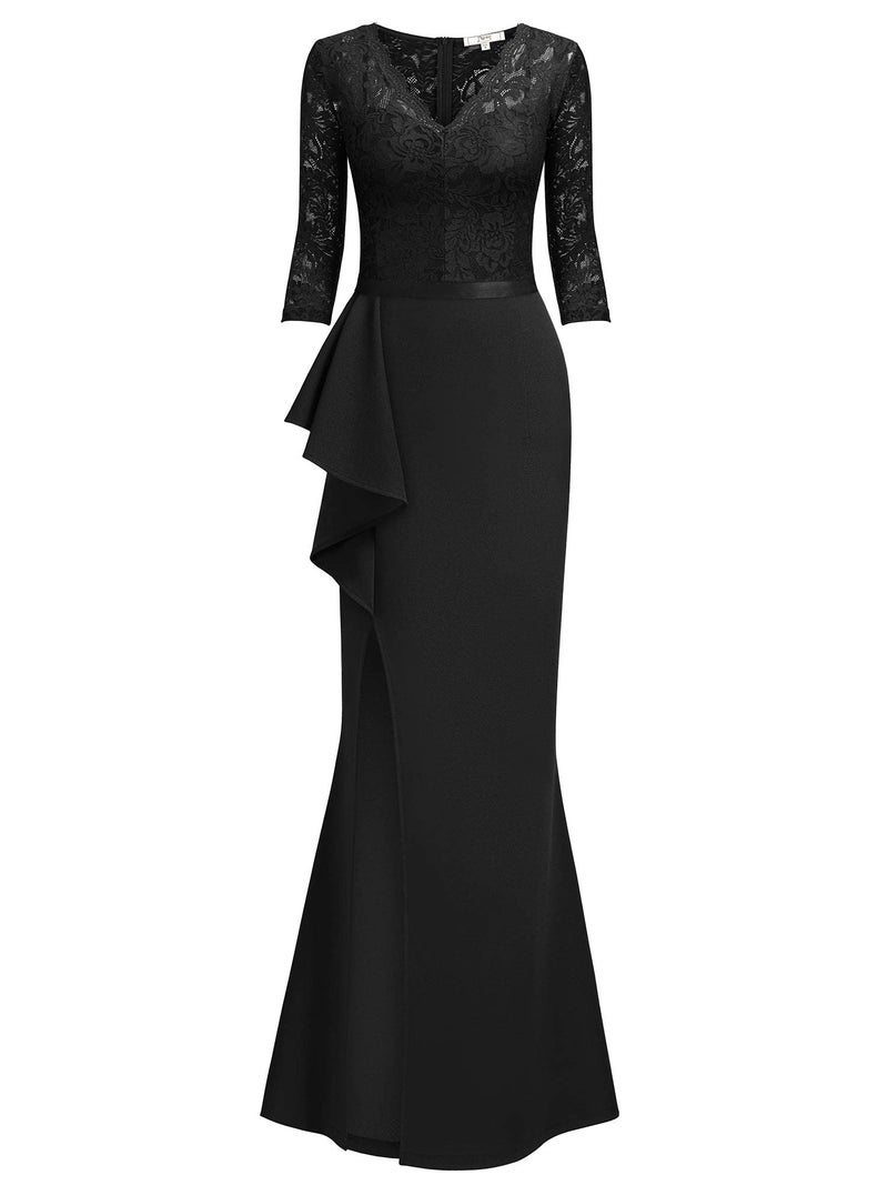 MISSMAY Women's Vintage Floral Lace Ruffle Half Sleeve Evening Party Formal Long Dress (X-Large, Black) - Image 5