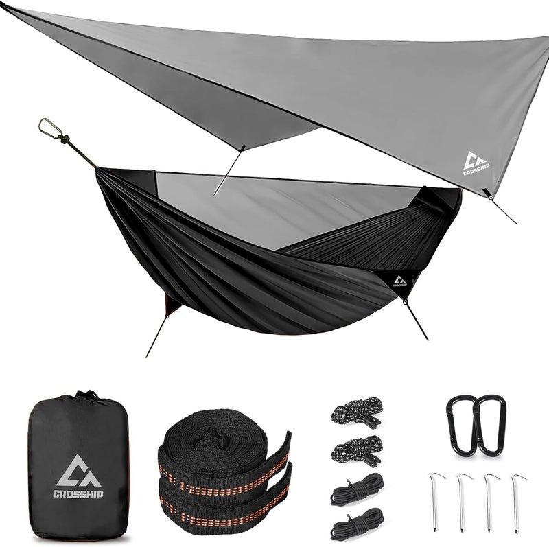 CROSSHIP Camping Hammock with Mosquito Net and Rain Fly Tarp - 2 Person Hammock Tent, Portable Parachute Nylon Hammock for Outdoor, Hiking, Backpacking, Backyard, Travel (Hold Up to 500lbs) - Black - Image 1