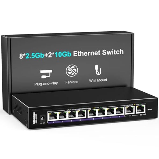 NICGIGA 10Gbe Ethernet Switch Unmanaged With 2 X 10Gb Rj45 Ports  8 X 2.5Gb Base-T Ports, Desktop/Wall Mount Nicgiga 10 Port 10Gbps Network Switch For Wireless Ap, Nas, Pc - Image 1