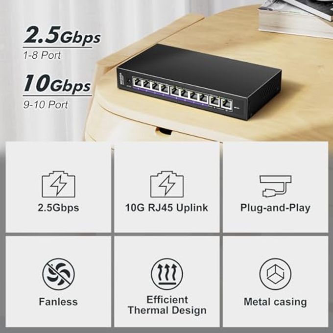 NICGIGA 10Gbe Ethernet Switch Unmanaged With 2 X 10Gb Rj45 Ports  8 X 2.5Gb Base-T Ports, Desktop/Wall Mount Nicgiga 10 Port 10Gbps Network Switch For Wireless Ap, Nas, Pc - Image 3
