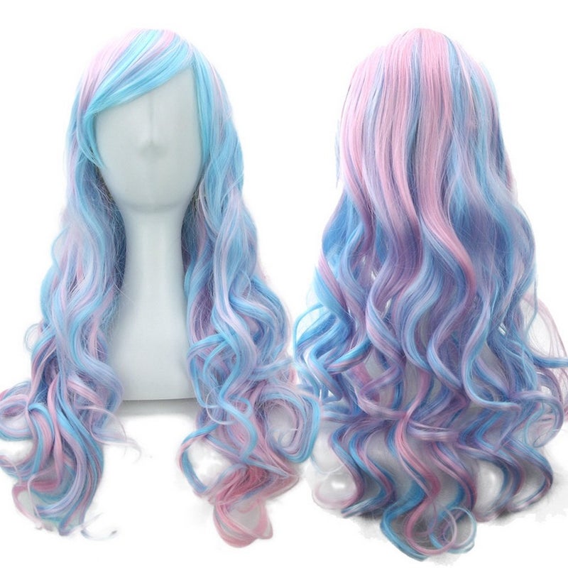 crazy cart Straightened length 276 Wig mixed color Long Curly Wavy Hair Women and Girl Cosplay Party Costume WigBlue purple