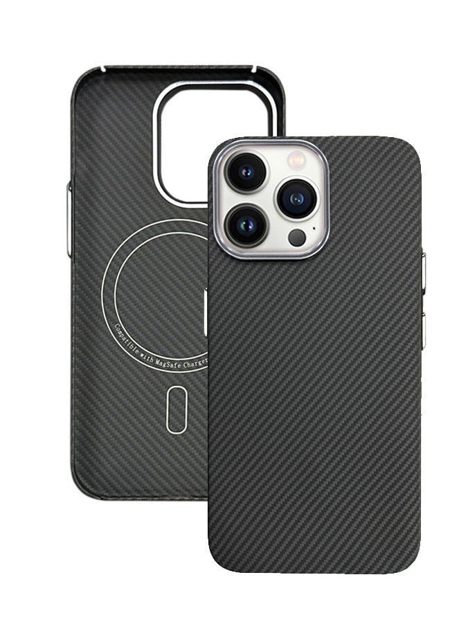 Case for iPhone 14 Pro Max with MagSafe, Slim & Light Minimalist Style Protective Cover, 600D Aramid Fiber Made, Carbon Fiber Texture, Black/Grey - Image 1