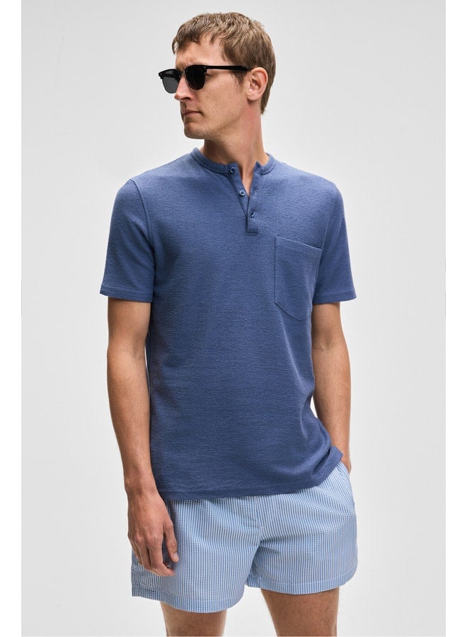 GRIMELANGE ERMAC Men's Collar Button Short Sleeve Indigo T-Shirt. - Image 3